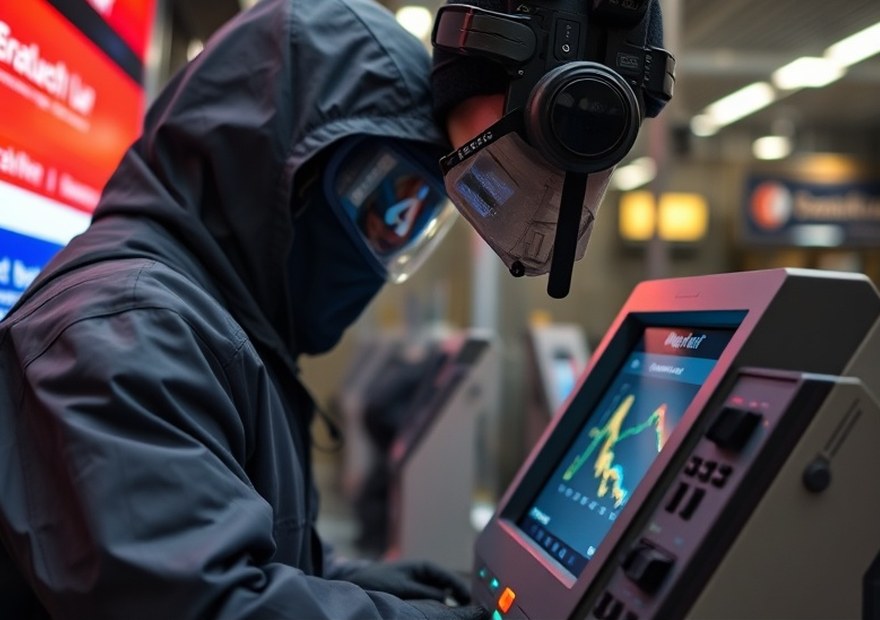 Specialist inspecting the card reader of an ATM